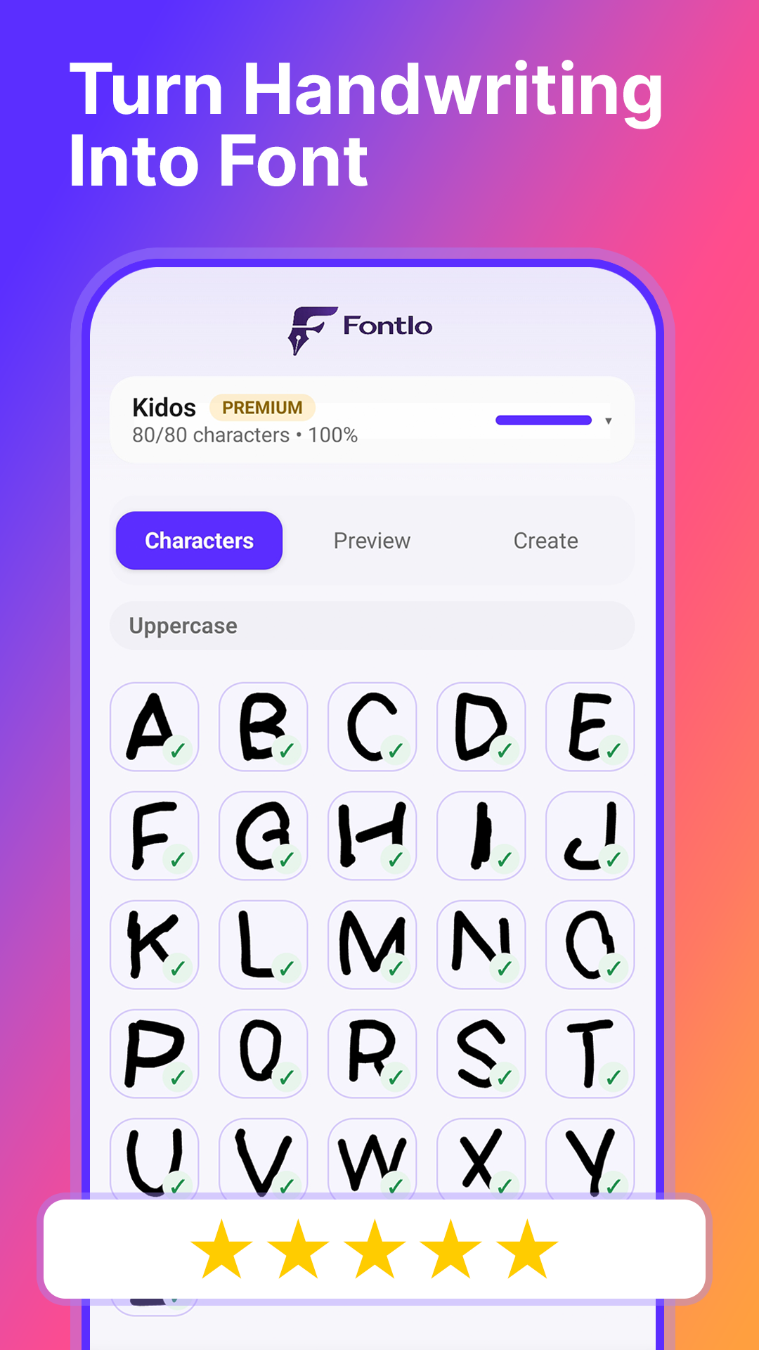 Fontlo app showing a completed uppercase alphabet — 80 of 80 characters drawn by hand
