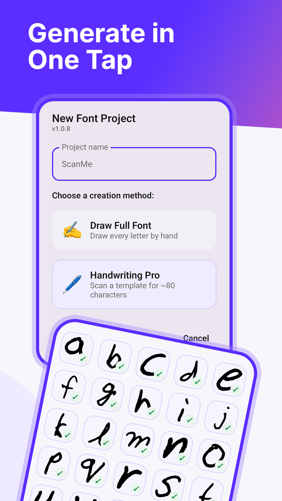 New font project screen — choose to draw every letter by hand or scan a printed template