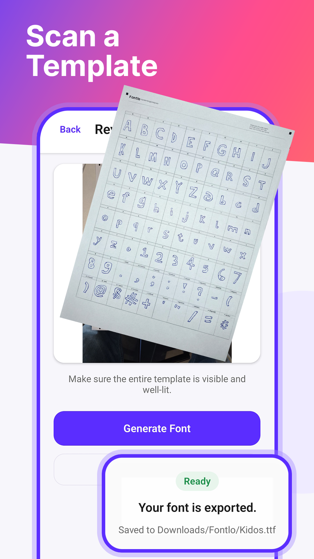 Scanning a printed Fontlo handwriting template with the phone camera, then exporting as a TTF font file
