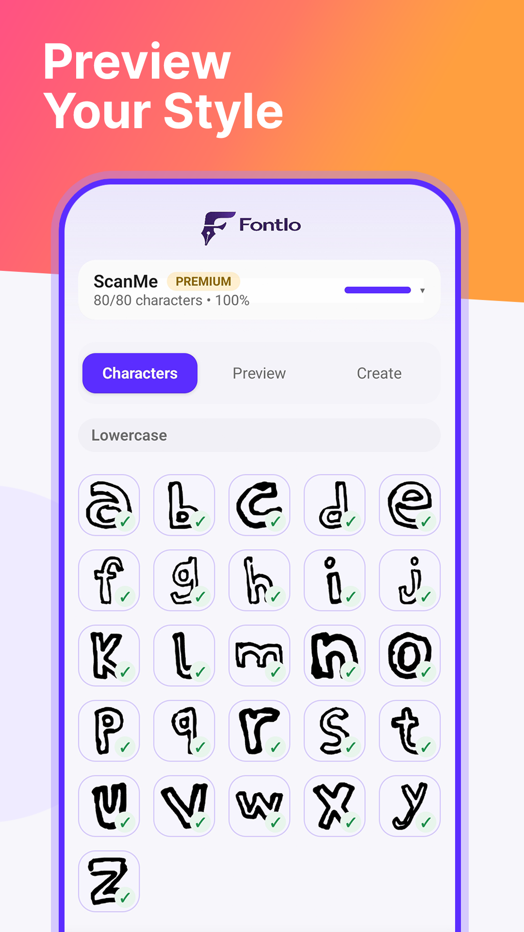 Preview of a custom lowercase alphabet generated from a scanned handwriting template